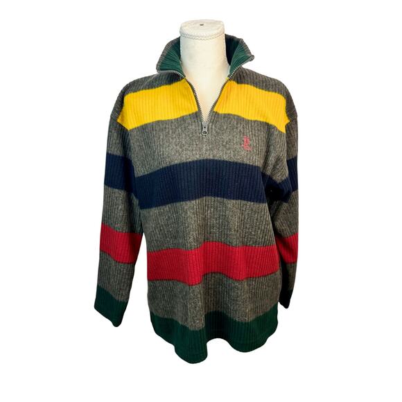 Lauren Ralph Lauren Sweaters - VTG Ralph Lauren LRL Quarter Zip Sweater Gray Women's M Petite Rugby Stripes